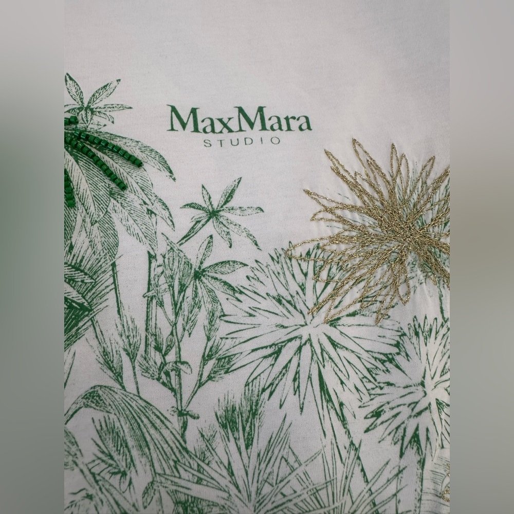 MaxMara White Short Sleeve Tee with Green and Gold Botanical Print - Picture 5 of 14